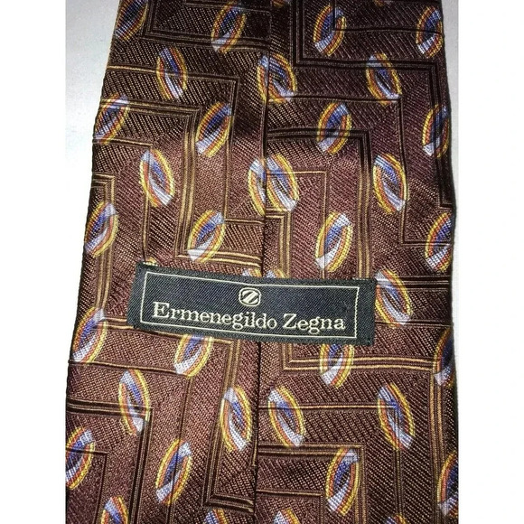 Ermenegildo Zegna Brown Abstract Circular Geometric 100% Silk Classic Neck Tie - Picture 3 of 6